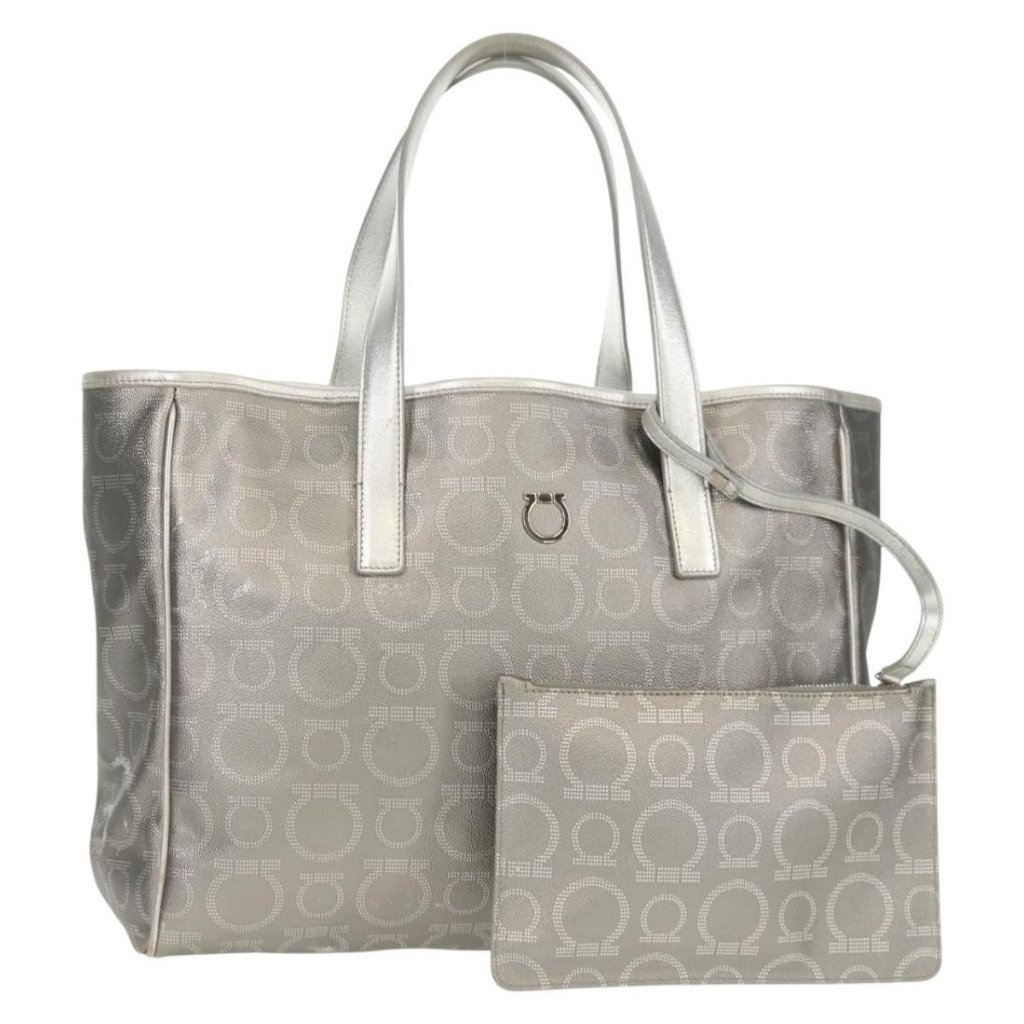 Salvatore Ferragamo Gancini Tote Bag Leather Silver Auth Ba6592